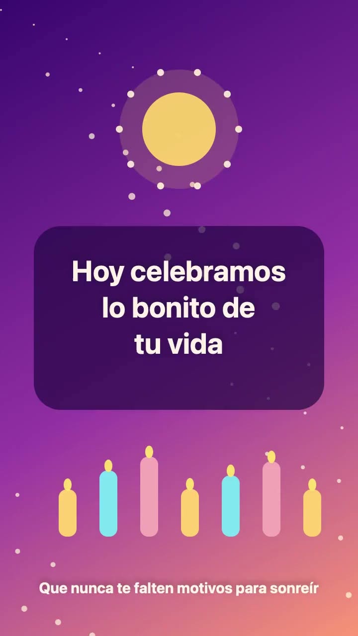 Portada original del reel: Hoy celebramos lo bonito de tu vida. Velas multicolores y luna sobre fondo violeta.
