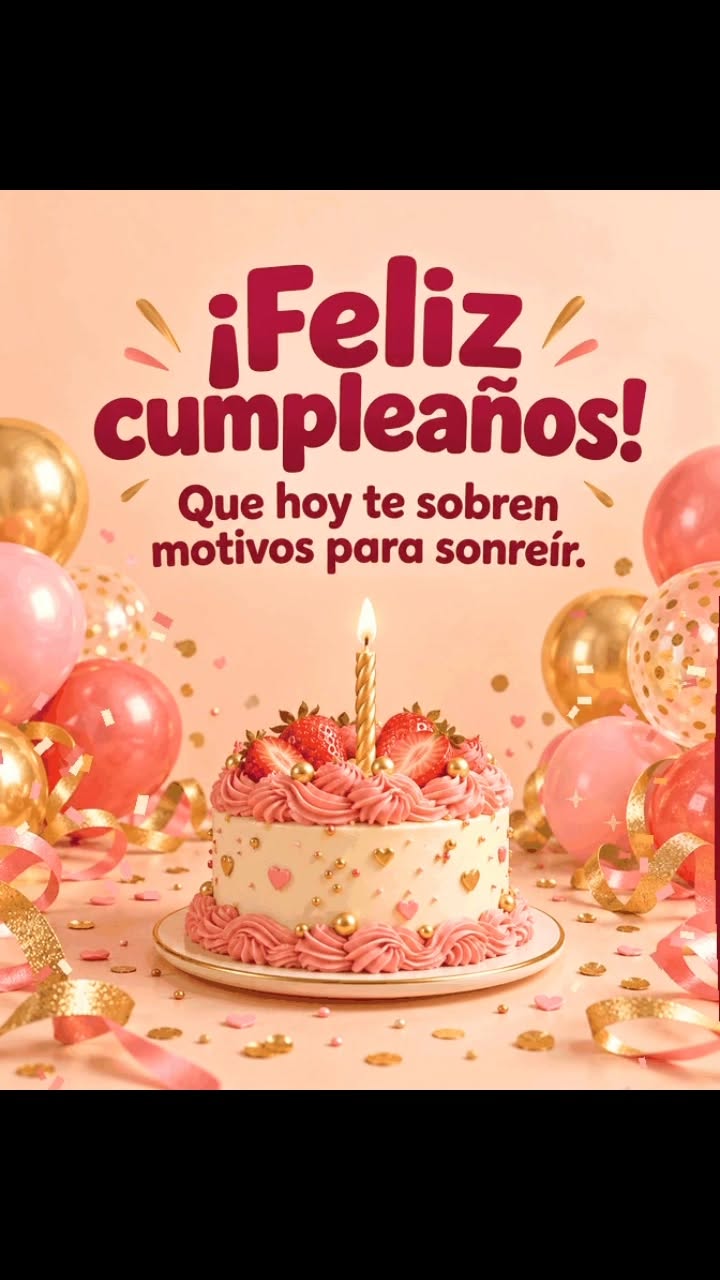 Portada original del reel: Feliz cumpleaños. Que hoy te sobren motivos para sonreír. Torta rosa, vela y globos.