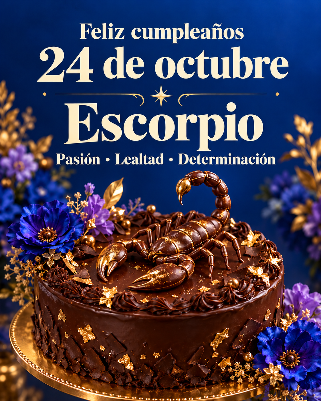 Feliz cumpleaños, 24 de octubre. Escorpio. Pasión · Lealtad · Determinación. Torta de chocolate con escorpión dorado y flores azules.