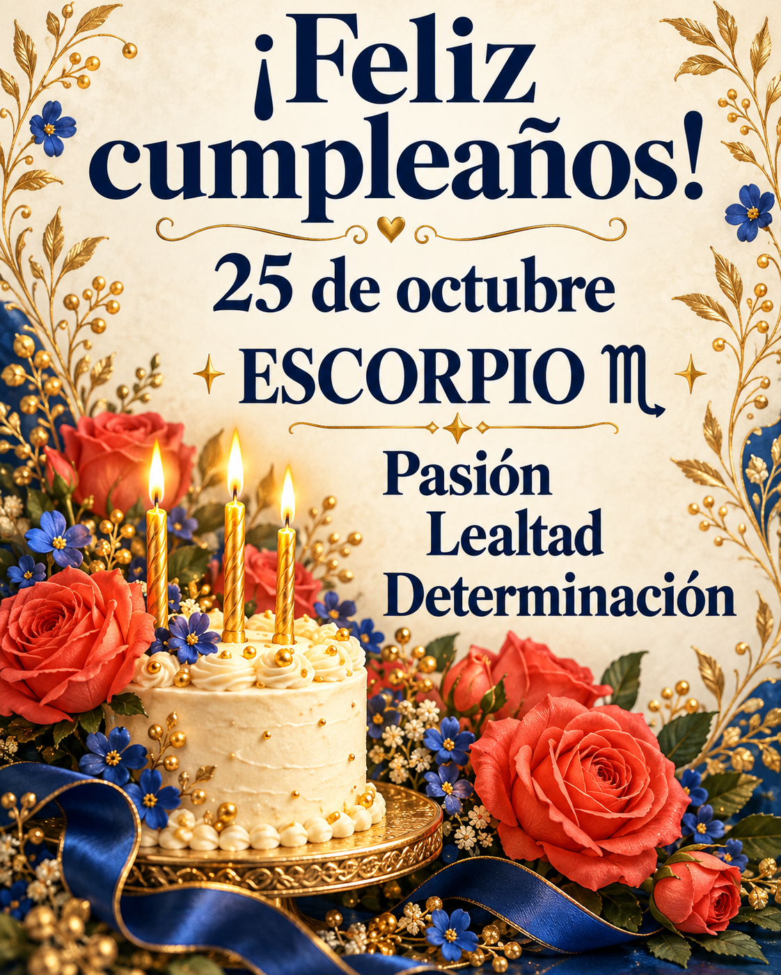 ¡Feliz cumpleaños! 25 de octubre. Escorpio: Pasión, Lealtad y Determinación. Torta con velas, flores rojas y azules y fondo marfil.
